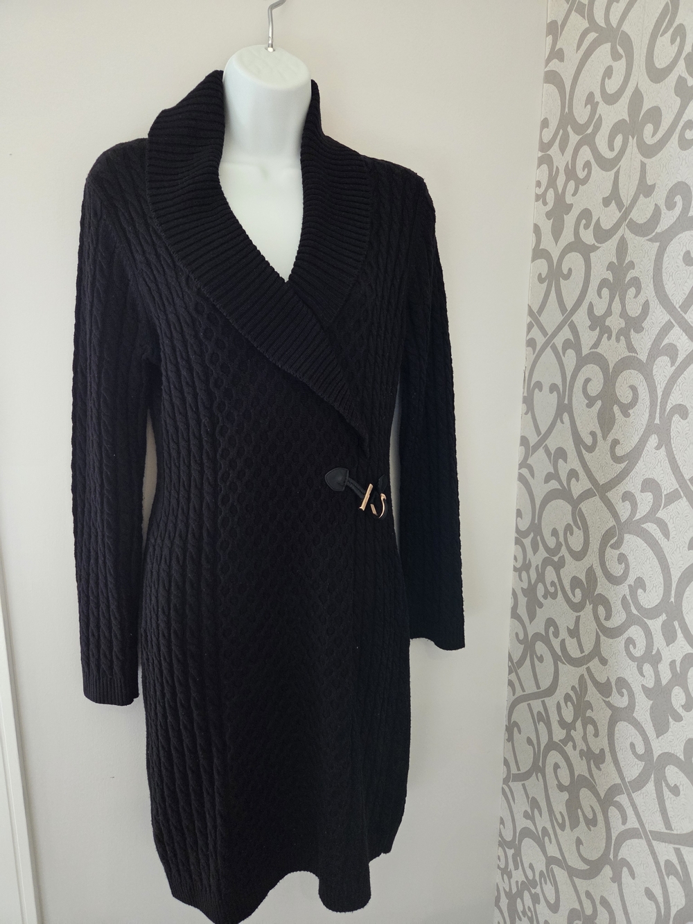 CALVIN KLEIN Black Cable-Knit Shawl Collar Women's Sweater Coat